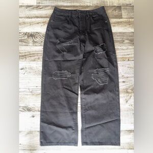 Black Distressed Wide-Leg Jeans